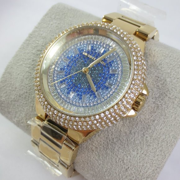 NEW Michael Kors Camille Gold Pave Glitz Blue Crystal Watch MK7341 NIB NWT - Picture 1 of 5